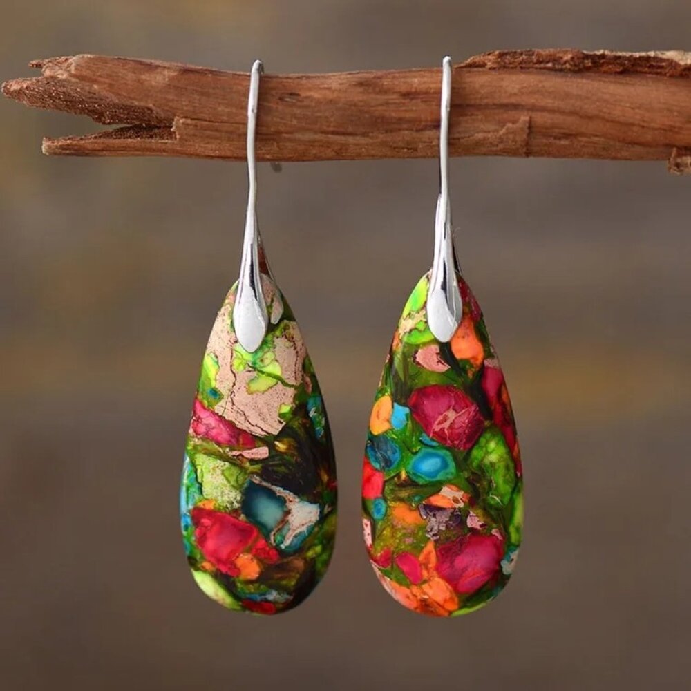 2/$24 Retro Water Droplets Natural Stone Red Green Khaki Silver Drop Earrings